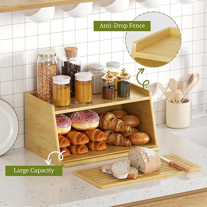 Bamboo Bread Box with Cutting Board for Kitchen Countertop – Large Capacity Bread Storage Container for Kitchen, Multi-Use Organizer for Bread, Fruits, Baked Goods