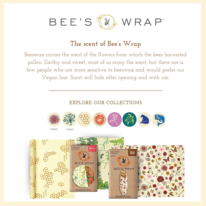 Bee's Wrap Beeswax Wraps for Food - Ocean 3 Pack (S, M, L) Made in USA Reusable & Organic Food Wraps, Sandwich Wrap & Bowl Covers - Eco-Friendly Alternative to Aluminum Foil & Plastic Wrap