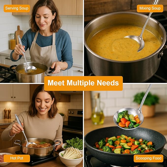 FJNATINH Stainless Steel Soup Ladle, Food Grade Metal Kitchen Utensil Ladle Spoon for Canning Soups Sauces, Easy to Clean, 15 Inches