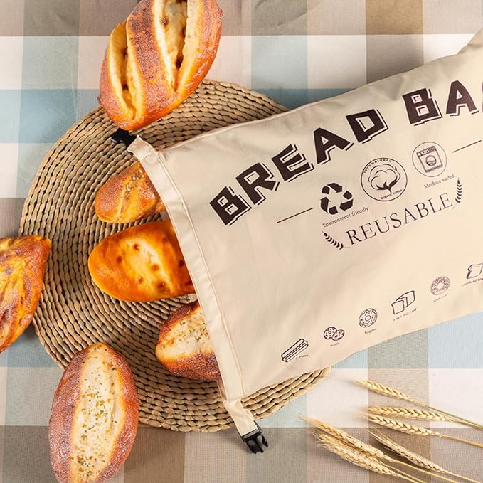 2-Pack Bread Bags, Reusable Bread Bags for Homemade Bread, Buckle Closure,Fresh Keeping Extra Large Bags, Food Bag (Beige)