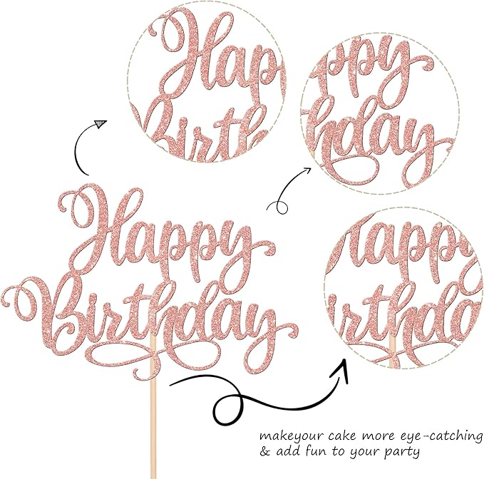 ZHUOWEISM 1 PCS Happy Birthday Cake Topper Glitter Happy Birthday Cake Pick for Celebrating Happy Birthday Anniversary Party Cake Decorations Supplies Rose Gold