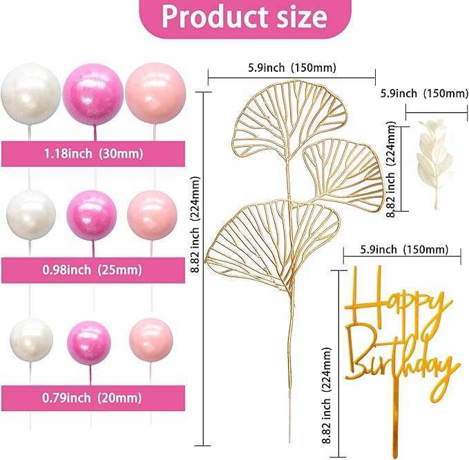 Gyufise 57Pcs Balls Cake Topper Boho Grass Cake topper Pearl Balls Acrylic Happy Birthday Cake Decorations for Wedding Baby Shower Birthday Boho Themed Party Supplies Rose Red