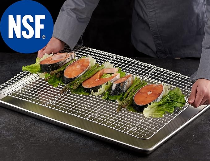 CURTA 2 Pack Chef Cooling Rack,NSF Listed 18/8 Stainless Steel Oven Safe Grid Wire Cookie Cooling Racks for Baking & Cooking - 16.8" X 24.4" Commercial Grade comes with Lifting Handle …