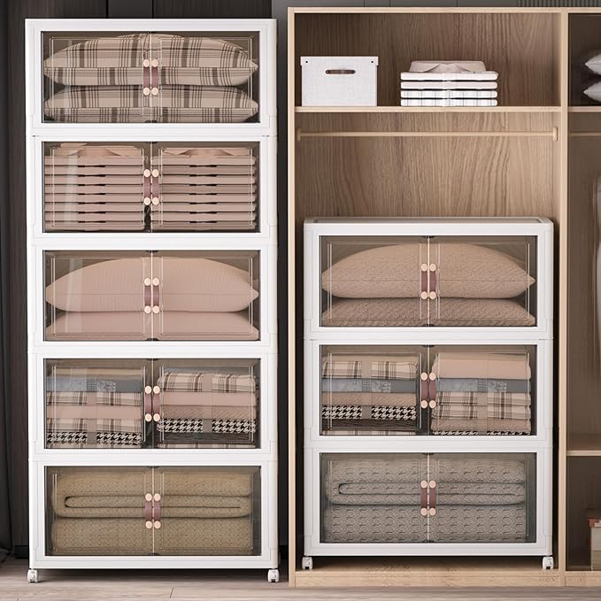 Extra Large Stackable Storage Bins with Lids and Wheels, Foldable Collapsible Closet Organizers,1344QT-168QT/42GAL*8Pack Plastic Stackable Storage drawers for bedroom Dorm