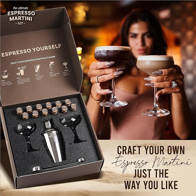 Espresso Martini Kit Gift Set– Complete Martini Maker Set with Espresso Mix, Party-Ready Accessories, and Elegant Decorations for Birthdays and Events, Birthday Gifts for Women