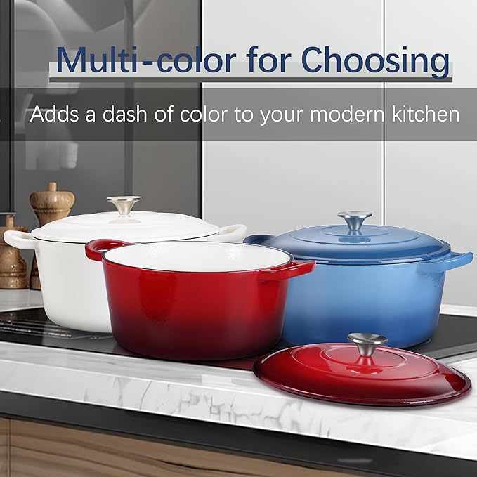 E-far 7QT Enameled Dutch Oven, Cast Iron Dutch Oven Pot with Lid for Cooking/Bread Baking/Braising/Roasting/Stewing, Heavy Duty Round Nonstick Cookware Safe for Induction & Oven - White