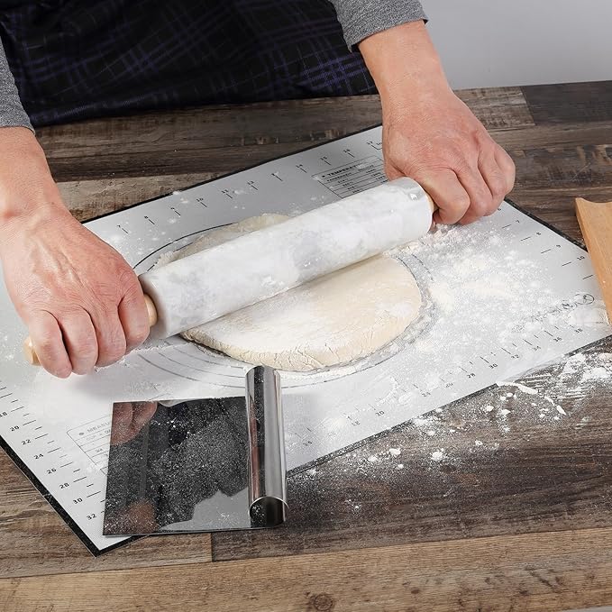 Koville African Natural Marble Rolling Pin, Non-Stick Polished Dough Roller, Pasta, Dumpling, Fondant, Pie Crust, Bread, Pizza Dough, Kitchen Baking Pastry Tools with Mat/Scraper(Grigio Fantasy)