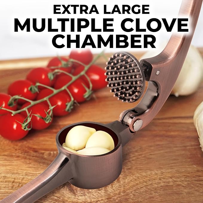 Zulay Kitchen Large Premium Garlic Press Set - Bigger Bowl for Bigger Garlic - Rust Proof & Dishwasher Safe Garlic Mincer Tool - Easy-Squeeze, Easy-Clean Silicone Garlic Peeler & Brush (Copper)