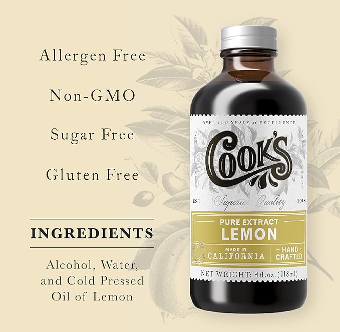 Cook's Pure Lemon Extract, Premium Quality, Cold Pressed Lemon, Sugar Free, Gluten Free, Allergen Free, 8 oz