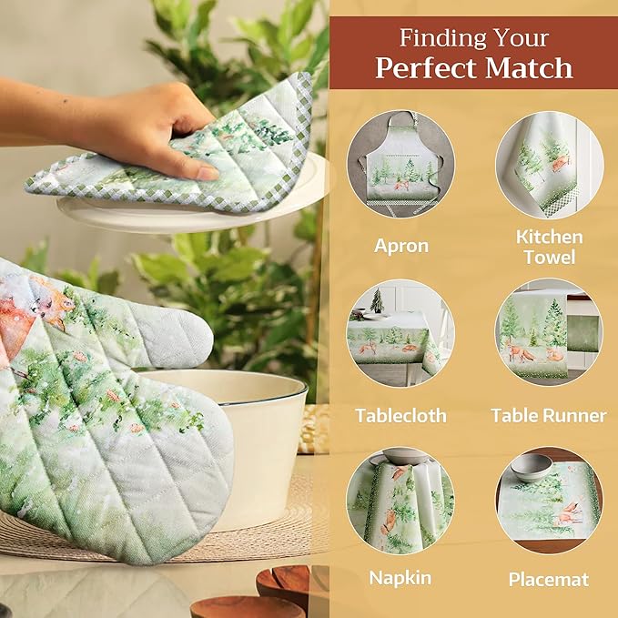 Maison d' Hermine 100% Cotton Oven Mitt & Pot Holder Set (7.5"x13" & 8"x8") Heat Resistant BBQ Cooking Gloves with Loop, Baking, Grilling, Kitchen, Handling Hot Pans (Winter Mornings)