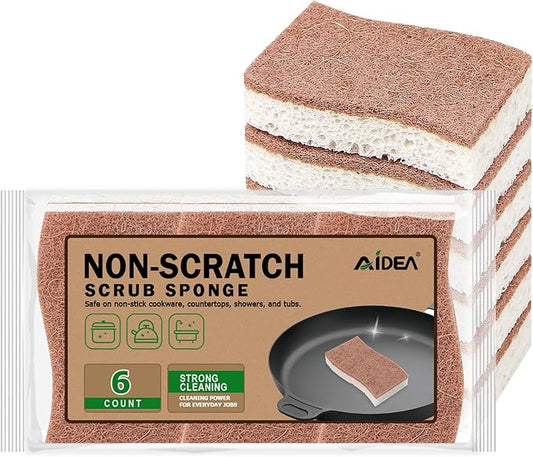 AIDEA Sponges Non Scratch, 6Count, Natural Sponge for Non Stick Cookware, Sponges Kitchen, Cellulose Scrub Sponge for Dishes, Cleaning Power for Kitchen, Bathroom, Household