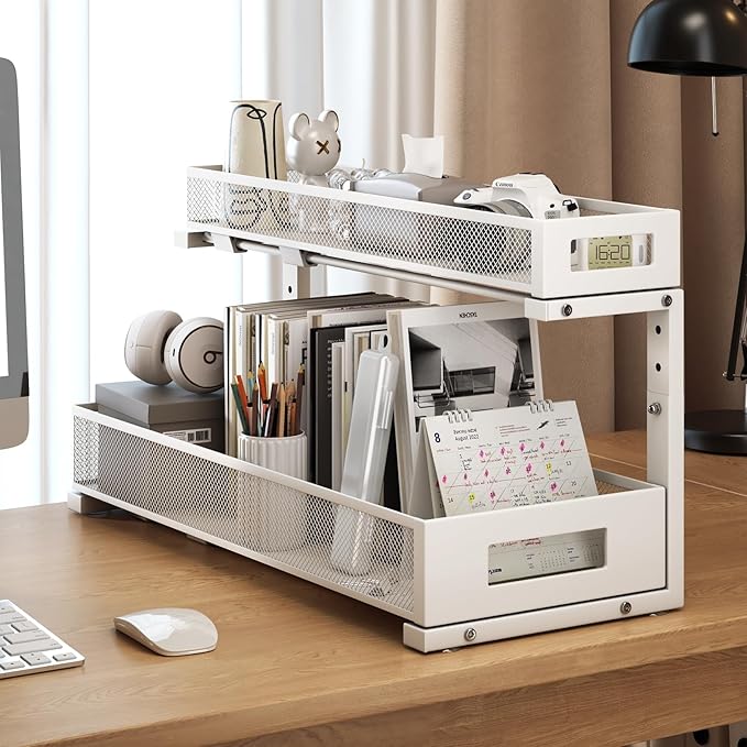 2 Pack 20.47IN Depth Under Sink Storage Organizer, Large 2-Tier Elegant Mesh Pull Out Shelf for Kitchen and Bathroom Cabinet Organization, L-Shaped and Adjustable Height Design-White