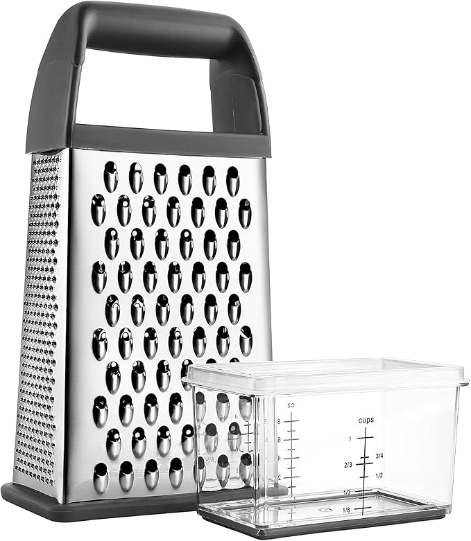 Spring Chef Professional Gray 10" Parmesan Cheese Grater With Container, Stainless Steel & Soft Grip Handle, 4 Sided Kitchen Carrot Shredder, Handheld Box Grater for Potato, Veggie, Ginger, Hashbrown