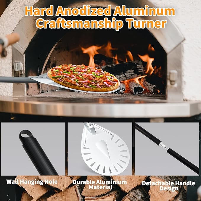 Yofuly 9 Inch Pizza Turning Peel with Oven Brush & Stone Scraper, Perforated Turner Tools Kit for Homemade Baking Pizza, 2PCS Outdoor Pizza Oven Accessories