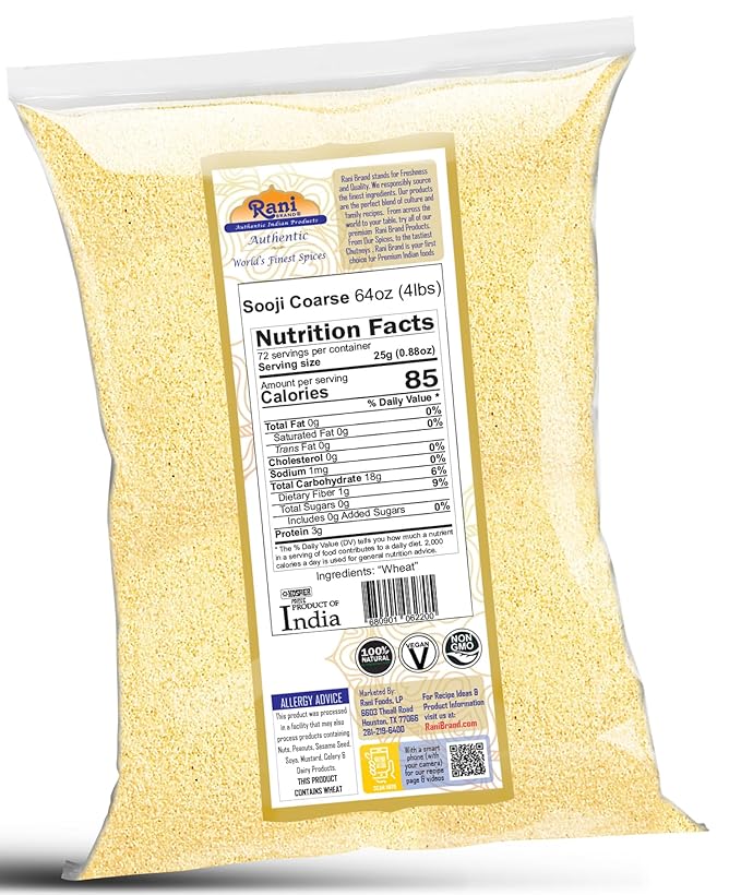Rani Sooji Coarse (Farina, Suji, Rava, Rawa, Wheat Semolina) Flour 64oz (4lbs) 1.81kg Bulk ~ All Natural | Vegan | NON-GMO | Indian Origin
