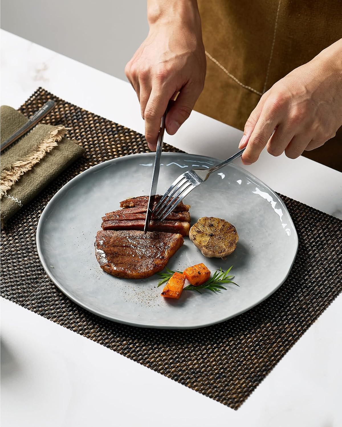 Famiware Porcelain kitchen plates and bowls set, Modern dishes set for 6, Handmade Wave Edge Dinnerware Sets, Microwave and Dishwasher Safe Tableware, Sleek Grey (24pc)