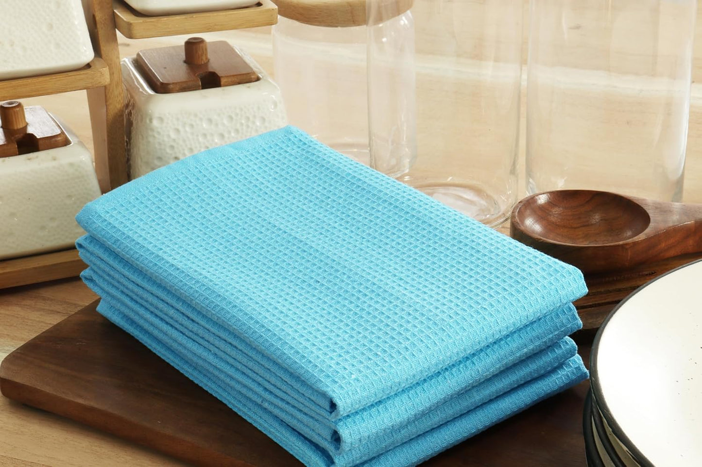 PurpleEssences Waffle Weave Kitchen Towel, 100% Cotton - 15 x 25 Inches, with Hanging Loop Ultra Soft Absorbent Quick Drying Dish Cloth, Tea and Hand Towels, 4 Pack - Spring Summer - Aqua Blue
