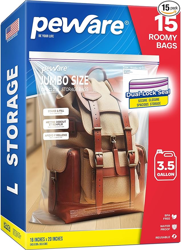 Large Storage Bags, 16"x20" Jumbo Plastic Bag, BPA Free, 3.5 Gallon XL Zipper Lock Baggies for Clothes Pillow Travel Moving - 15 Roomy Bags