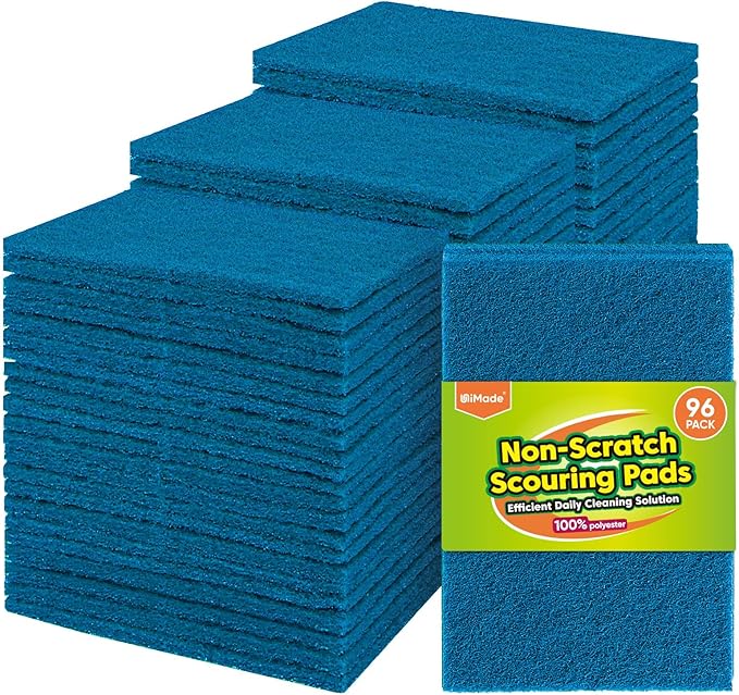 Non-Scratch Scouring Pads, 96Pcs Household Scour Pads for Kitchen, Garage and Outdoors, Reusable Dish Scrubber Pads for Pan and Metal Grill - Blue