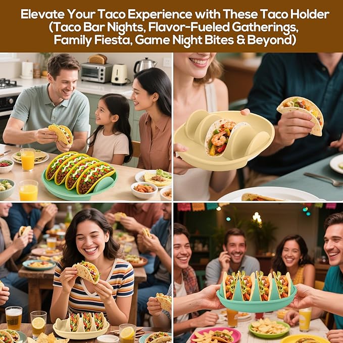 Silicone Taco Holder Plates Set of 2 - Reusable Taco Stand Plates with 4-Shell Slots, Oven/Microwave/Dishwasher Safe, Non-Slip Base for Tortillas Party Serving, Family Dinner & Meal Prep Accessories