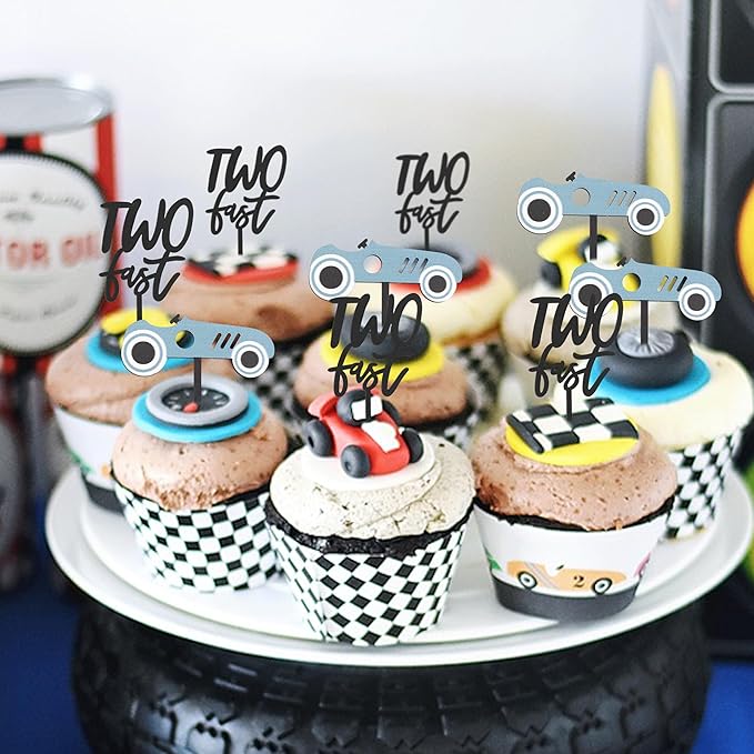 Wooden Two Fast Birthday Cupcake Toppers - Two Fast Decorations,Race Car Party Cake Toppers,Racing Car Birthday Topper (two fast cake topper)