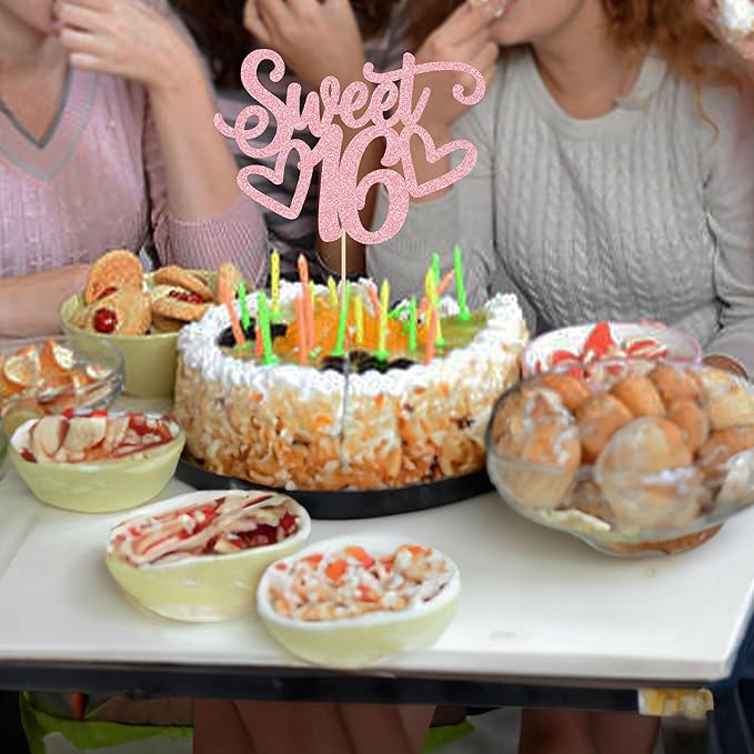 Gyufise 1Pc Sweet Teenager 16 Cake Topper Glitter 16th Birthday Cake Pick for Cheers to 16 Years Old 16th Birthday Party Cake Decorations Supplies Pink