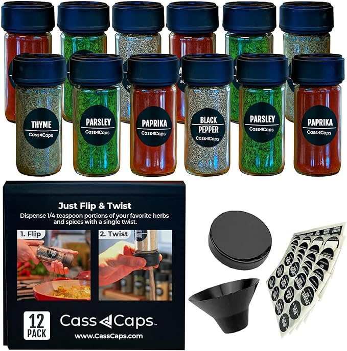 Glass Spice Jars & Measuring Cap Set - Twist to Dispense 1/4 Tsp Per Turn for Precise Cooking - Glass Jars with Lids Keep Kitchen Organized & Tidy - Enjoy Round Spice Jar Without Mess-12Pack