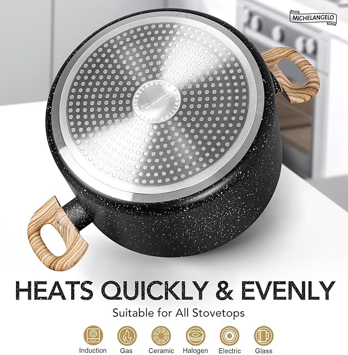 MICHELANGELO Stock Pot with Lid, 5 Quart Cooking Pot Nonstick, Granite Soup Pots with Lid, Induction Pot with Stay-cool Handle, 5 Qt Stockpot Non Stick Pots Black