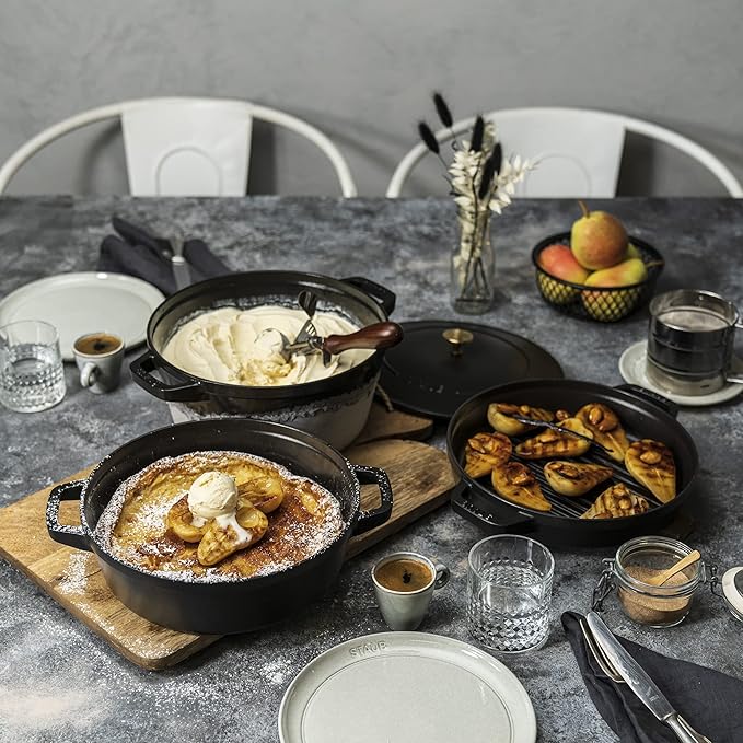 STAUB Cast Iron Set 4-pc, Stackable Space-Saving Cookware Set, Dutch Oven, Skillet, Grill Pan with Universal Lid, Made in France, Matte Black