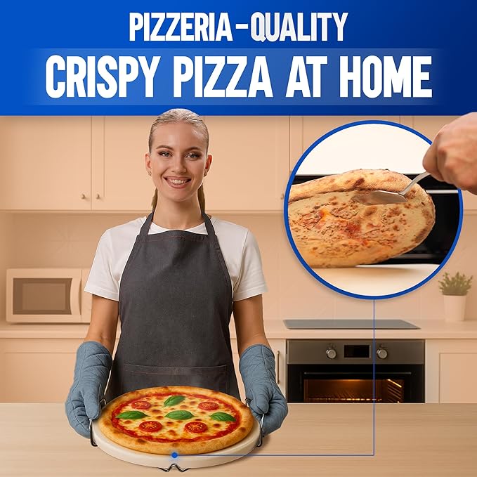 KitchenStar 14-inch Pizza Stone for Oven and BBQ Grill with Handles, Round, 5/8" Thick - Natural Cordierite, 1800 °F Resistant, Baking Stone Set with Stainless Steel Rack & Plastic Scraper Tool