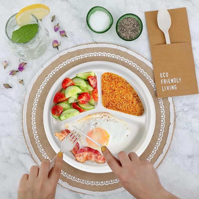 150-Piece 100% Compostable 10in Paper Plates, 3-Compartment Heavy Duty Disposable Eco-Friendly Biodegradable Sugarcane Fiber Plates