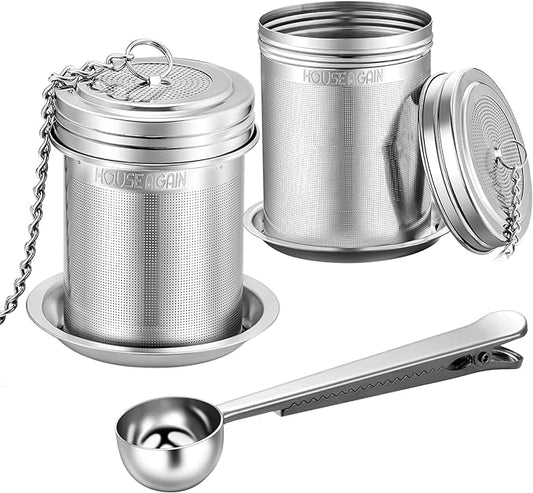 House Again Tea Infuser (2 Pack with Scoop), Extra Fine Mesh Tea Infusers for Loose Tea, 18/8 Stainless Steel Tea Strainer with Extended Chain Hook, Tea Steeper for Brew Tea, Spices & Seasonings