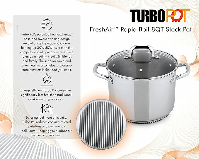 Turbo Pot® FreshAir™ Rapid Boil Stainless Steel 8 qt. Stock Pot, time-and-energy saving cookware for gas stove