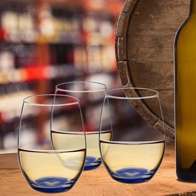 DISCOUNT PROMOS 10 ARC Stemless Wine Glasses Set, 21 oz. - Chardonnay, Cabernet, Merlot, Sauvignon - Blue