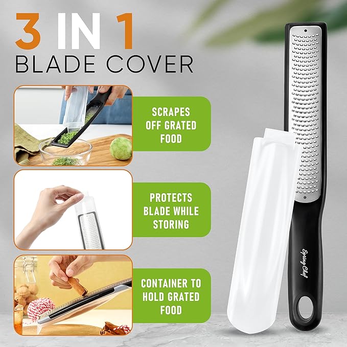 Spring Chef Premium Lemon Zester Grater with Handle - Ginger, Nutmeg, Garlic Grater - Heavy Duty Kitchen Tool - Stainless Steel Citrus Zester with Blade Cover - Fine & Coarse Shred, Set of 2, Black