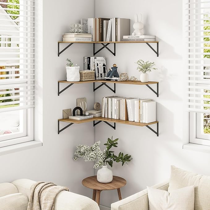 Heimlove Deep Floating Shelves for Wall, 12 Inch Deep Floating Shelves Set of 3, 16W x 12D Wood Wall Shelves, Wide Wood Shelves with Metal Bracket for Living Room, Kitchen, Office, Bedroom - Oak