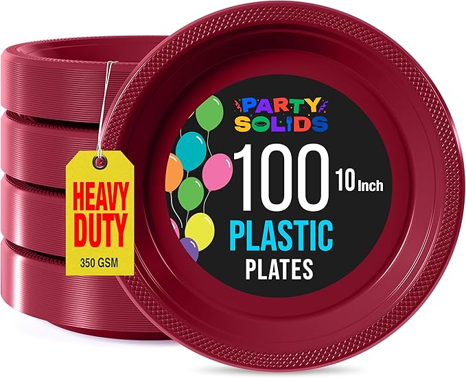 Exquisite Party Solids Burgundy Plastic Plates For Party 10" Burgundy Disposable Plates Heavy Duty Supplies 100 Pcs Plastic Dinnerware Sets Heavy Duty 350 GSM Disposable Dinnerware Set