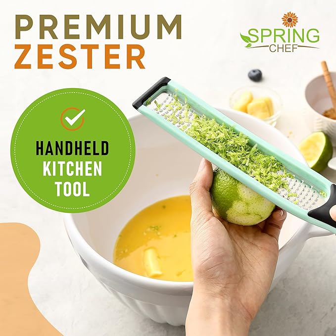 Spring Chef Premium Lemon Zester Grater with Handle - Fruit, Garlic, Lime, Orange, Nutmeg, Garlic Grater - Heavy Duty Kitchen Tool - Stainless Steel Citrus Zester with Blade Cover - Fine Shred, Mint