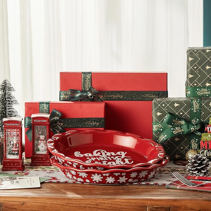 Ceramic Pie Pans for Baking, 9 Inches Pie Plate for Apple Pie, 36 Ounce Round Baking Dish, Set of 2, Thanksgiving day Gifts for Women, Christmas Red