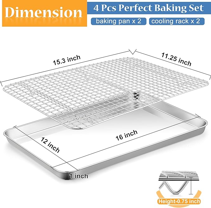 TeamFar Cookies Sheet with Rack, 16 x 12 x 1 Inch Stainless Steel Baking Sheet Tray Pans with Grid Wire Racks for Cooling Baking Roasting, Non-Toxic & Heavy Duty, Dishwasher Safe, 2 Pans + Racks