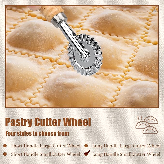 Long Handle Small Cutter Wheel - Exquisite Wooden Handle, Perfect for Pasta, Pizza, Ravioli, Cookie - Versatile Crinkle and Biscuit Cutter for Effortless Slicing