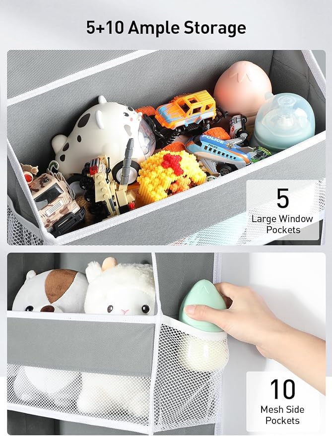 Yecaye 1 Pc Over the Door Organizer with 5 Bins 10 Side Pockets, 44lbs Load Hanging Bathroom and Bedroom Organizer, behind the Door Hanging Organizers for Nursery Newborn Baby Essential Stuff Grey