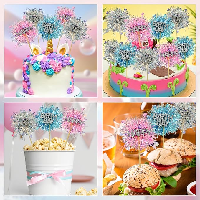 LOLStar 12 Pcs Happy Birthday Cake Toppers, Foil Firework Cupcake Toppers Blue Pink Sparkle Tinsel Drink Stirrers Cake Party Decoration, Cocktail Food Fruit Toothpick for Holiday Photo Booth Props