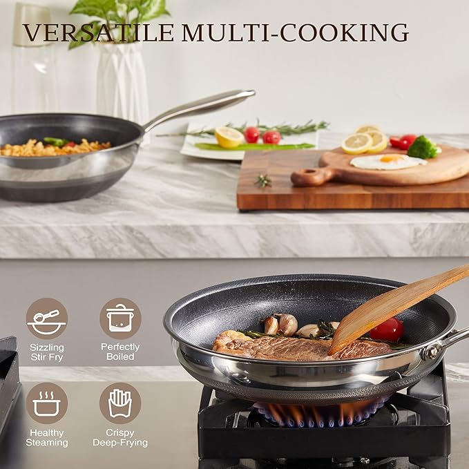 KITEXPERT Non Stick Wok Pan with Lid,12" Titanium Ceramic Pan Nonstick Stainless Steel Stir-fry Pans, PFAS PFOA & PTFE Free, Quick-Cool Handle, Dishwasher & Oven Safe, Compatible with All Cooktops