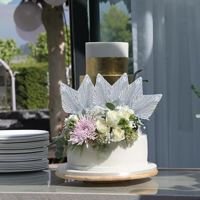 Gyufise 6Pcs Paper Palm Fan Cake Topper Palm Leaf Fan Cake Pick for DIY Bakeware Craft Project Home Made Wedding Bridal Shower Birthday Anniversary Party Cake Decorations Supplies Metallic Silver