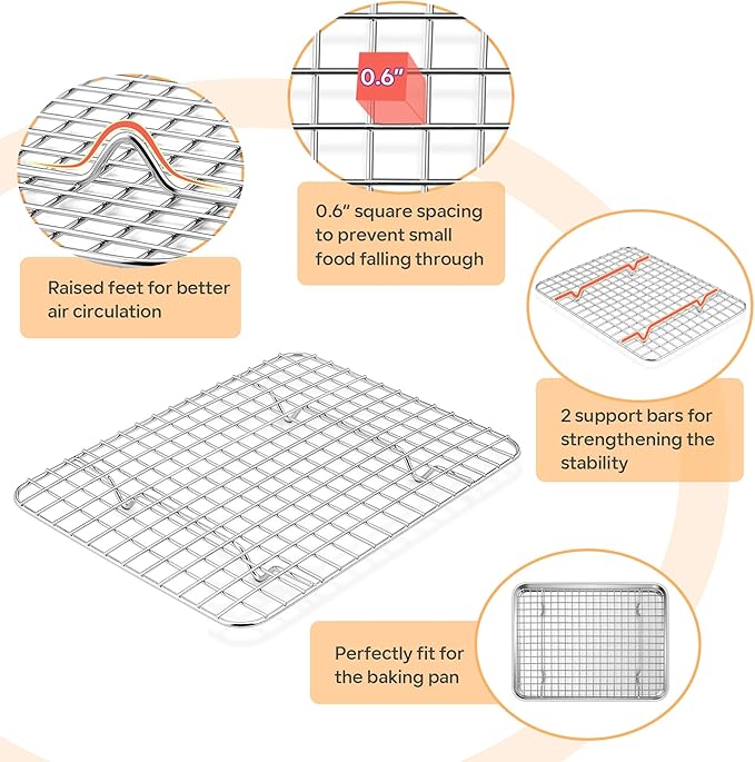 TeamFar Toaster Oven Pan with Rack Set, 10.5 x 8 x 1 Inch Stainless Steel Small Baking Pan Tray with Grid Rack for Baking Roasting Cooling, Non-Toxic & Heavy-Duty, Dishwasher Safe, (2 Pans + 2 Racks)