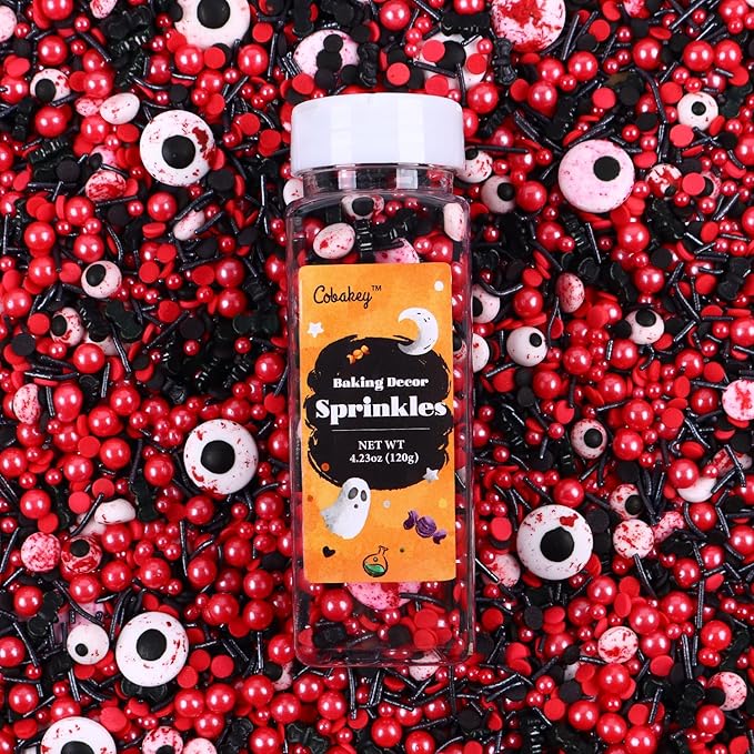 Halloween Sprinkles for Cake Decorating, Black & Red Pearl Sprinkles with Black Bats & Eyeball Candy, Perfect for Halloween Dessert Party 4.23 Ounce