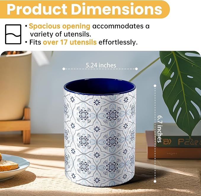 Ceramic Kitchen Utensil Holder for Countertop, Large Mediterranean Utensil Crock ,Navy Blue