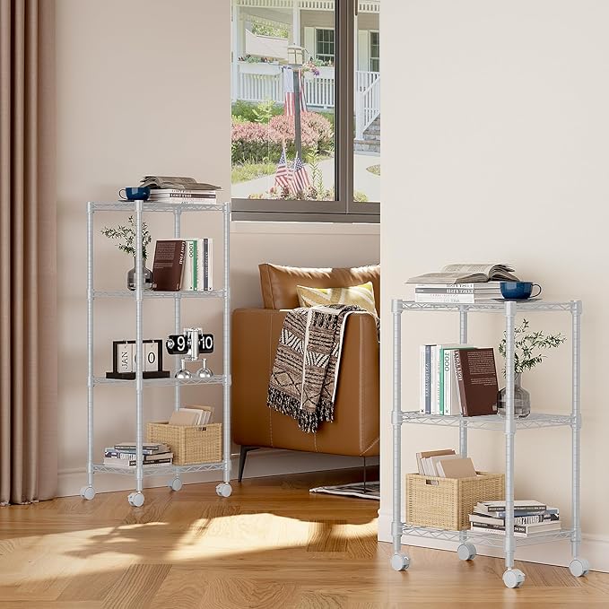 1000 lbs 4-Shelf Adjustable Heavy Duty Steel Wire Rack, Adjustable Storage Shelving Unit with Wheel for Kitchen, Garage, Laundry White 11.8" D x 17.7" W x 40.8" H