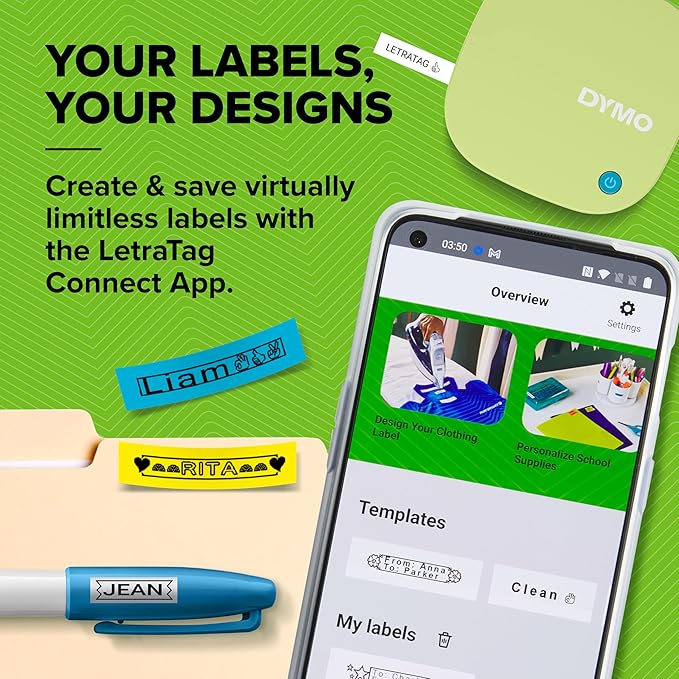 DYMO LetraTag 200B Bluetooth Label Maker | Compact Label Printer | Connects Through Bluetooth Wireless Technology to iOS and Android | Includes 1 White Paper Label Tape | Pistachio Yellow